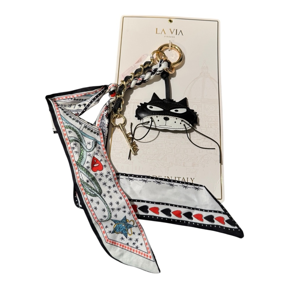 La Via Firenze Cat Bag Charm Keychain Leather Italy Scarf Gold Tone